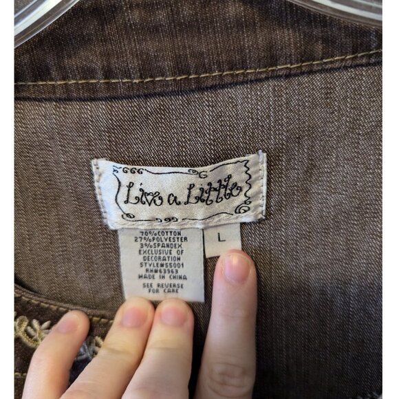 Vintage 90s Live A Little LAL Brown Denim Jacket Embroidered Snap Button Size L - Picture 2 of 9